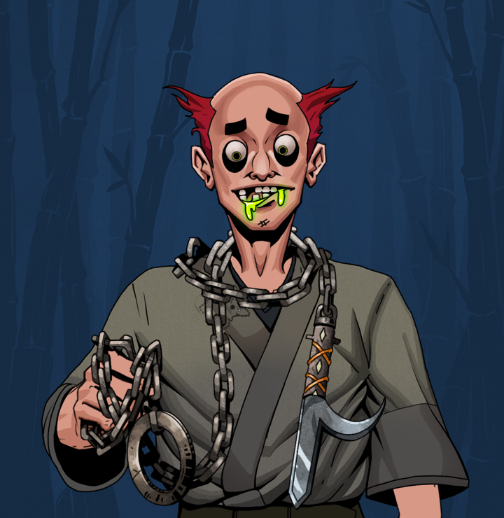 Toxic Azuma — Degen Dojo NFT art (Shirtless Runt, Night Forest, Degens, Puppy Kimono, Toxic Azuma, Red Heihachi, Heavy Kyoketsu, Mint)