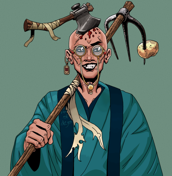 Junichiro — Degen Dojo NFT art (Dojo Paper Earring, Olive Green, Degens, Dejen Apostate, Junichiro, Pompous Glasses, Splitting Axe Ache, Farmers Hoe, Mint)