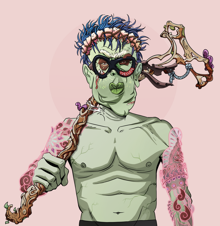 Fat Bob — Degen Dojo NFT art (Shirtless Runt, Red High Moon, Demons, Yakuza Tattoo Sleeves, Fat Bob, Degen Superhero, Bum Headband Ruffian, Wooden Walking Cane, Mint)