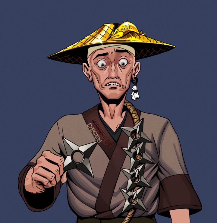 Shitless Botan — Degen Dojo NFT art (Foes Teeth, Blue Evening, Degens, Degen Dojo Kimono, Shitless Botan, Shirtless Runt, Golden Kasa Fisherman, Shuriken Belt, Mint)