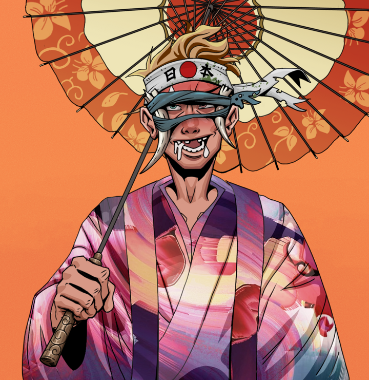 Yuuki — Degen Dojo NFT art (Shirtless Runt, Orange Afternoon, Degens, Autumn Sakura Kimono, Yuuki, Tied Horns, Karate Headband, Floral Parasol, Mint)