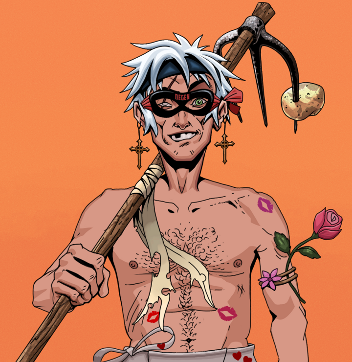 One-Eyed Itsuki — Degen Dojo NFT art (Jesuit Crosses, Orange Afternoon, Degens, Womanizer, One-Eyed Itsuki, Degen Superhero, White Ruffian, Farmers Hoe, Mint)