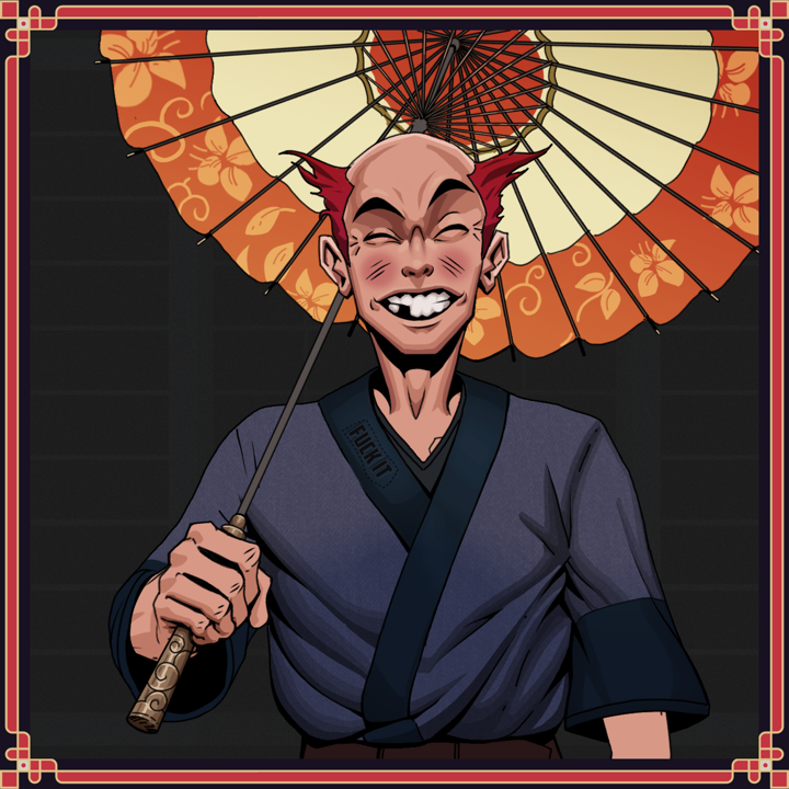 Cheery Haru — Degen Dojo NFT art (Shirtless Runt, Shoji Night, Cheery Haru, Fuck You Kimono, Degen, Red Heihachi, Dazzling Palm Hook, Floral Parasol, Framed)