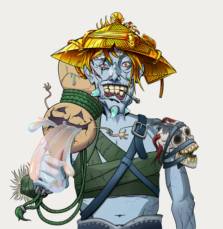 One-Eyed Itsuki — Degen Dojo NFT art (Shirtless Runt, Warm Grey, Demons, Strap On Geta, One-Eyed Itsuki, Golden Kasa Fisherman, Giant Sake Bottle, Mint)