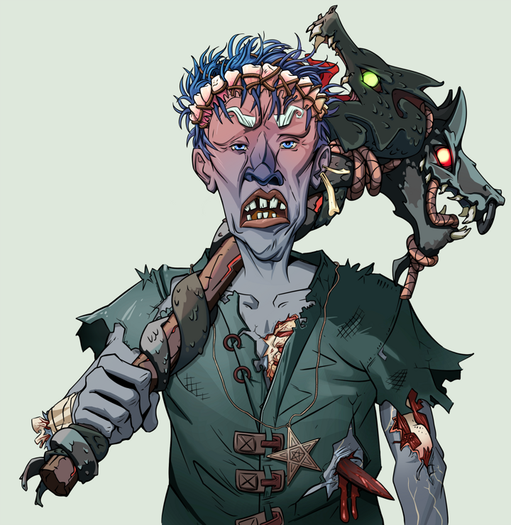 Goro — Degen Dojo NFT art (Finger Bones, Olive Green, Demons, Dirty Peasant Rags, Goro, Shirtless Runt, Bum Headband Ruffian, Wooden Warhammer, Mint)