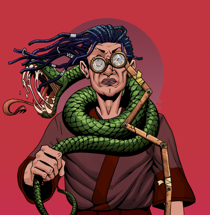 Goro — Degen Dojo NFT art (Shirtless Runt, Red High Moon, Degens, Proud Dejen Kimono, Goro, Telescopic Glasses, Flowing Dreads, Enchanted Snake, Mint)