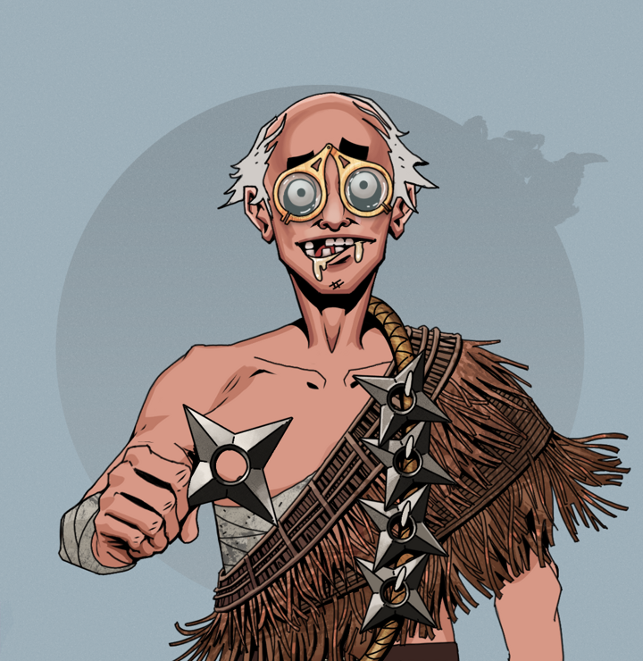 Drooling Azuma — Degen Dojo NFT art (Shirtless Runt, Grey Mist, Degens, Dried Straw, Drooling Azuma, Pocket Glasses, Kung Fu Master, Shuriken Belt, Mint)