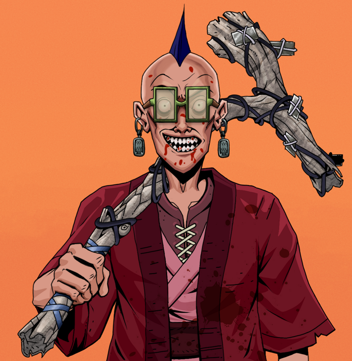 Assassin Fuzen — Degen Dojo NFT art (Iron Earrings, Orange Afternoon, Degens, Red Warrior Kimono, Assassin Fuzen, Shoji Glasses, Mohawk Spike, Large Branch, Mint)