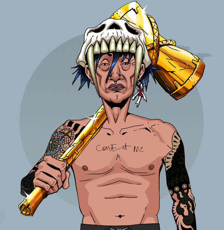 Goro — Degen Dojo NFT art (Finger Bones, Grey Mist, Degens, Black Yakuza Sleeves, Goro, Shirtless Runt, Sabertooth Skull, Golden Warhammer, Mint)