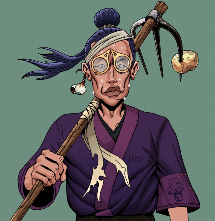 Stresshead Rin — Degen Dojo NFT art (Shaman Eyes, Olive Green, Degens, Money Kimono, Stresshead Rin, Pocket Glasses, Long Flowing, Farmers Hoe, Mint)