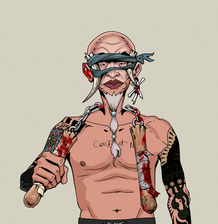 Yuji The Wise — Degen Dojo NFT art (Finger Bones, Warm Grey, Degens, Black Yakuza Sleeves, Yuji The Wise, Tied Horns, Bald, Bloody Nunchucks, Mint)