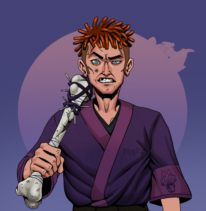 Akuma — Degen Dojo NFT art (Shirtless Runt, Purple Night, Degens, Money Kimono, Akuma, Orange Bantu Knots, Spiky Femur, Mint)