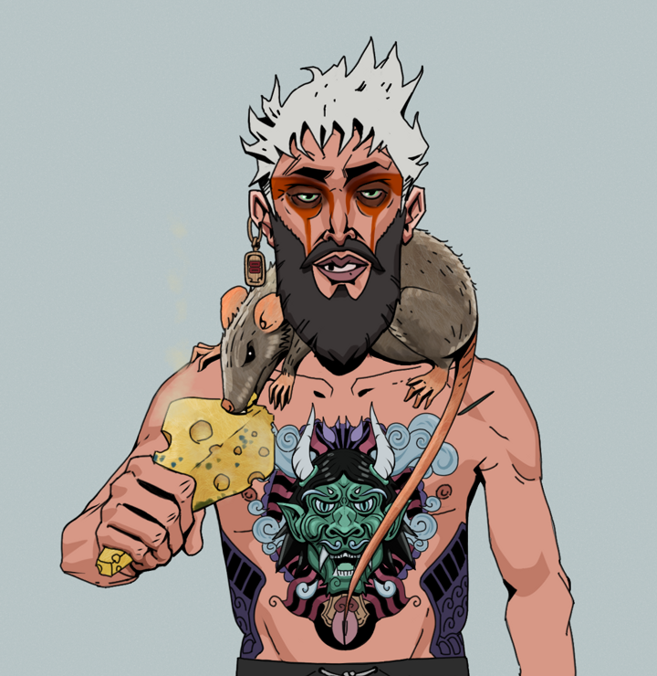 Oleg Of War — Degen Dojo NFT art (Dojo Paper Earring, Light Grey, Degens, Blue Oni Tattoo, Oleg Of War, Shirtless Runt, Short Spiky Grey, Mr. Rumi The Rat, Mint)