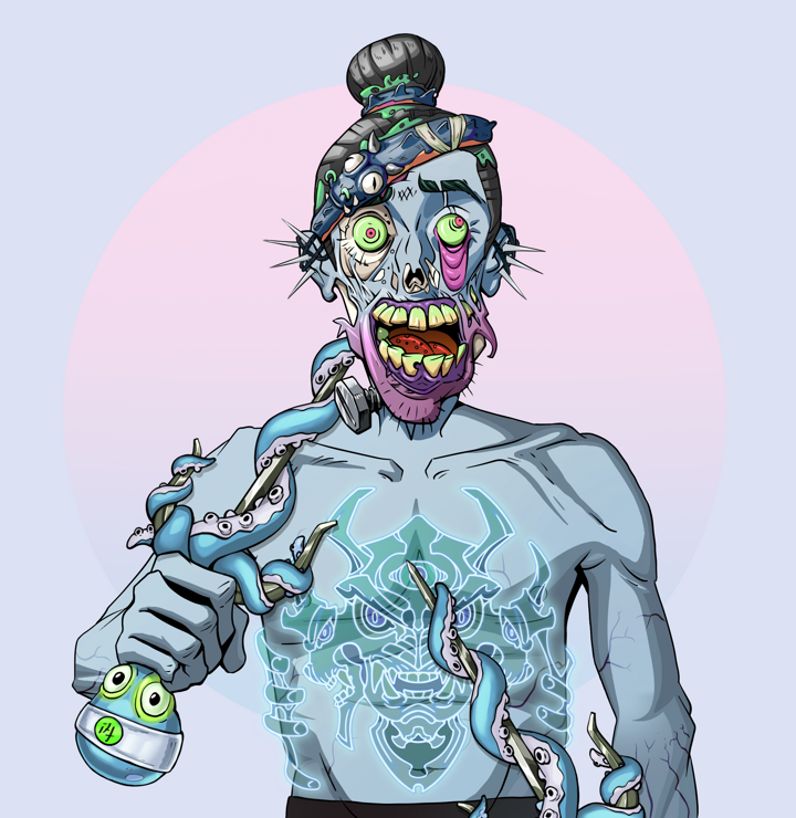 Shitless Botan — Degen Dojo NFT art (Nails, Purple Night, Demons, Blue Oni Tattoo, Shitless Botan, Shirtless Runt, Hair Bun, Dual Sai, Mint)