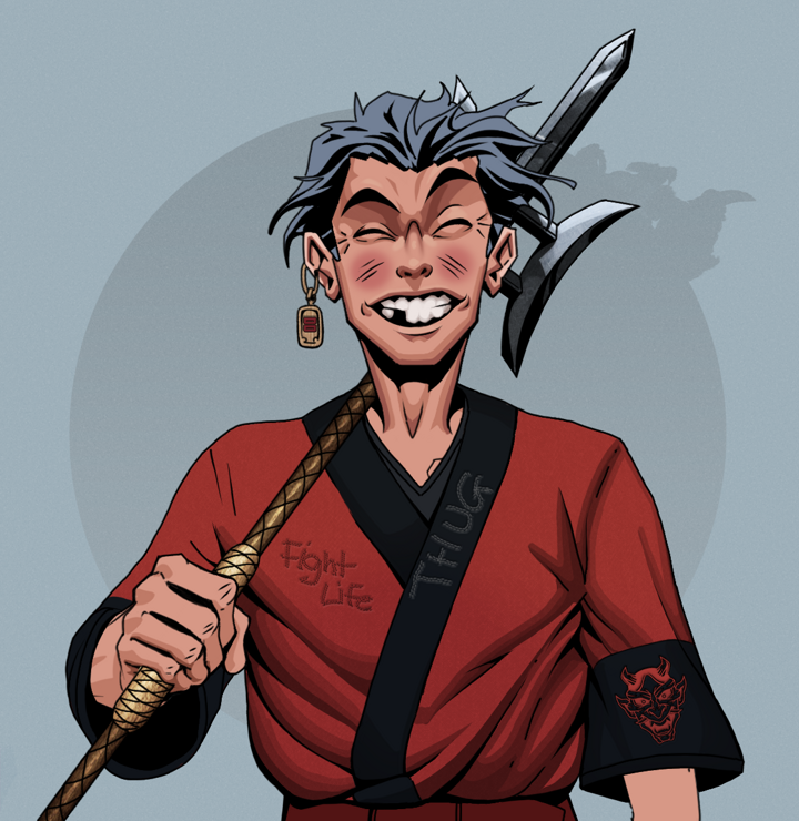 Cheery Haru — Degen Dojo NFT art (Dojo Paper Earring, Grey Mist, Degens, Red Oni Kimono, Cheery Haru, Shirtless Runt, Wavy, Bishamon Yari, Mint)