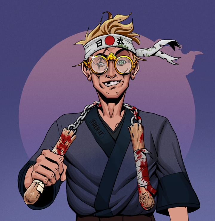 One-Eyed Itsuki — Degen Dojo NFT art (Shirtless Runt, Purple Night, Degens, Fuck You Kimono, One-Eyed Itsuki, Golden Glasses, Karate Headband, Bloody Nunchucks, Mint)