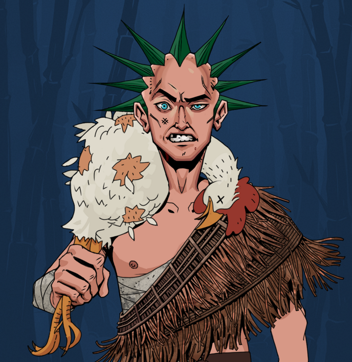 Akuma — Degen Dojo NFT art (Shirtless Runt, Night Forest, Degens, Dried Straw, Akuma, Zapachi, Chicken, Mint)