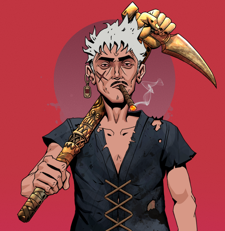 Raikou The Stoner — Degen Dojo NFT art (Dojo Paper Earring, Red High Moon, Degens, Black Peasant Sack, Raikou The Stoner, Shirtless Runt, Short Spiky Grey, Bronze Fisted Sickle, Mint)
