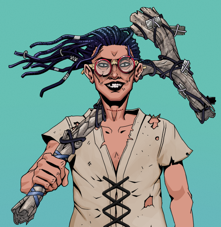 Junichiro Reborn — Degen Dojo NFT art (Shirtless Runt, Teal Daytime, Degens, Rice Sack Rags, Junichiro Reborn, Broken Glasses, Flowing Dreads, Large Branch, Mint)
