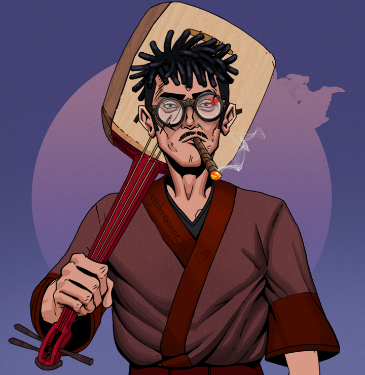 Raikou The Stoner — Degen Dojo NFT art (Shirtless Runt, Purple Night, Degens, Proud Dejen Kimono, Raikou The Stoner, Bloodied Glasses, Black Bantu Knots, Shamisen, Mint)