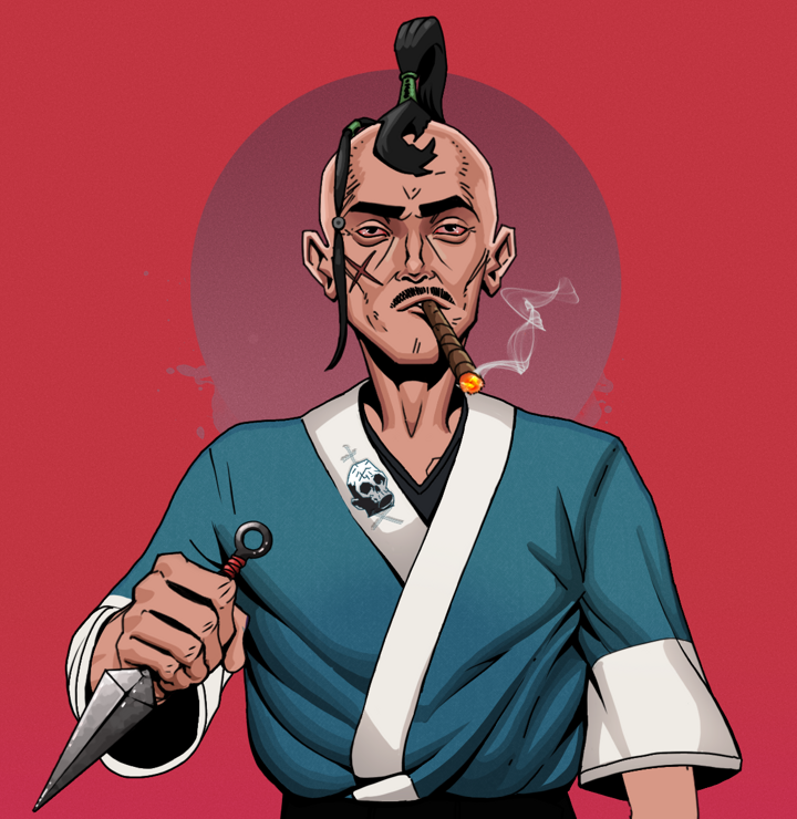 Raikou The Stoner — Degen Dojo NFT art (Shirtless Runt, Red High Moon, Degens, Skull Kimono, Raikou The Stoner, Dejen Samurai, Kunai, Mint)