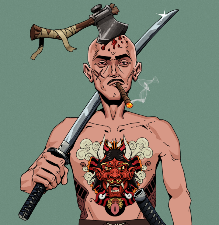 Raikou The Stoner — Degen Dojo NFT art (Shirtless Runt, Olive Green, Degens, Red Oni Tattoo, Raikou The Stoner, Splitting Axe Ache, Katana, Mint)