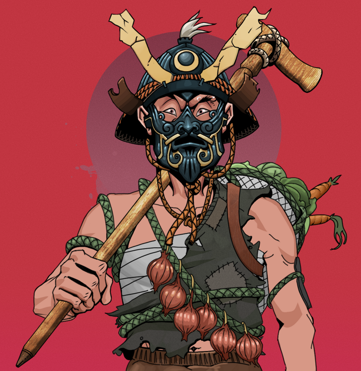 Stresshead Rin — Degen Dojo NFT art (Shirtless Runt, Red High Moon, Degens, Farmer, Stresshead Rin, Tatami Kabuto, Wooden Walking Cane, Mint)