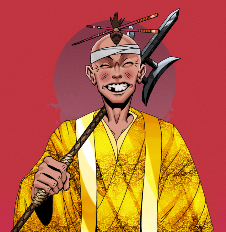 Cheery Haru — Degen Dojo NFT art (Shirtless Runt, Red High Moon, Degens, Golden Monk Robes, Cheery Haru, Hair Bun With Chopsticks, Bishamon Yari, Mint)