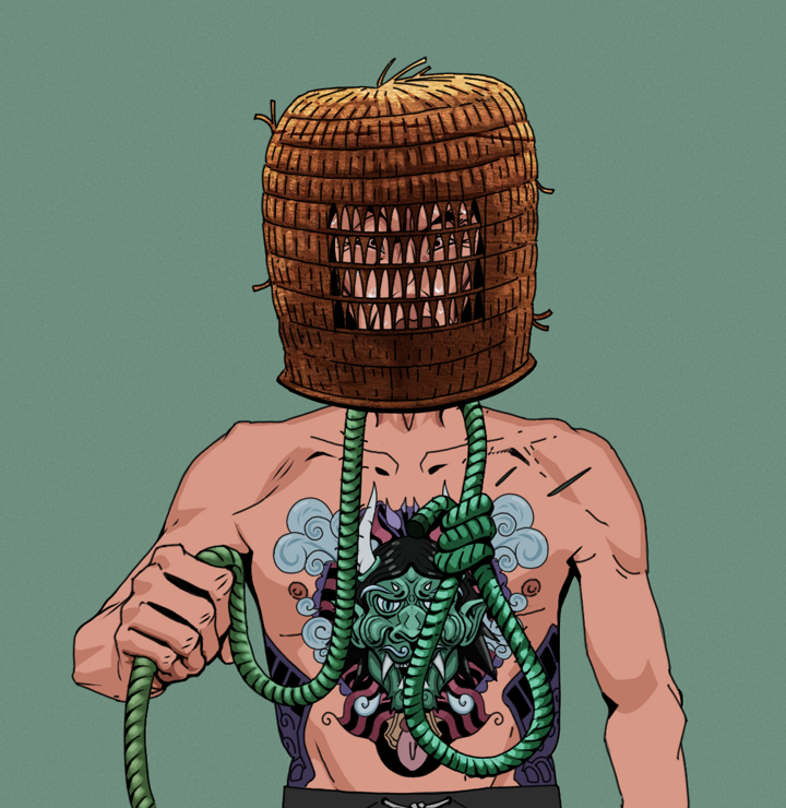 Stresshead Rin — Degen Dojo NFT art (Shirtless Runt, Olive Green, Degens, Blue Oni Tattoo, Stresshead Rin, Tengai Basket, Noose, Mint)