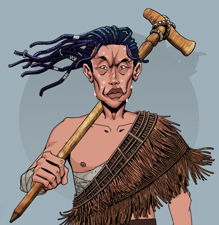 Stresshead Rin — Degen Dojo NFT art (Shirtless Runt, Grey Mist, Degens, Dried Straw, Stresshead Rin, Flowing Dreads, Wooden Walking Cane, Mint)