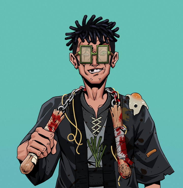 One-Eyed Itsuki — Degen Dojo NFT art (Shirtless Runt, Teal Daytime, Degens, Glutton Fight, One-Eyed Itsuki, Shoji Glasses, Black Bantu Knots, Bloody Nunchucks, Mint)