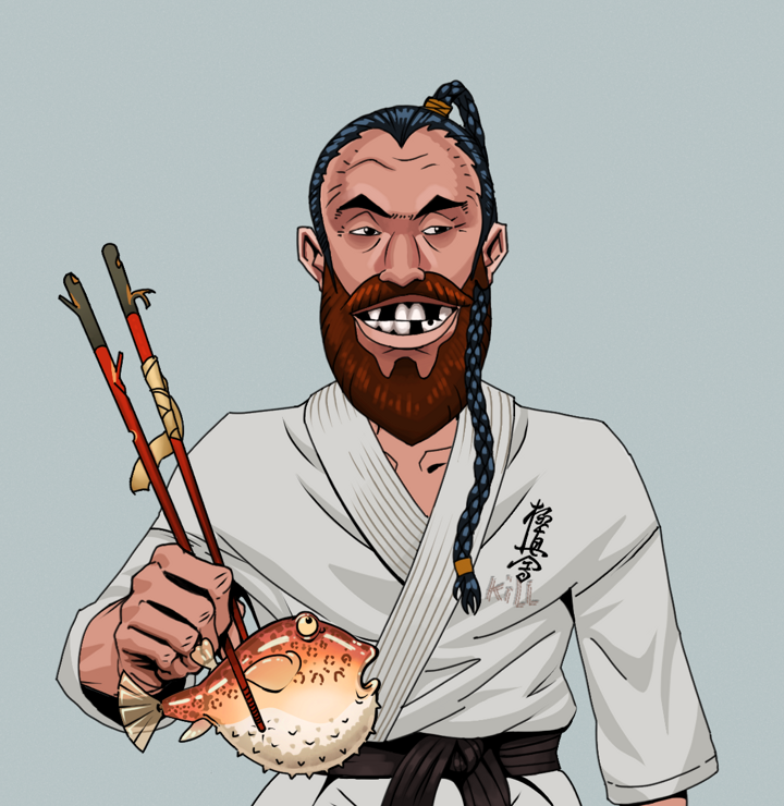 Igor The Bear — Degen Dojo NFT art (Shirtless Runt, Light Grey, Degens, Student Gi, Igor The Bear, Braided Samurai Ponytail, Frightened Fugu, Mint)