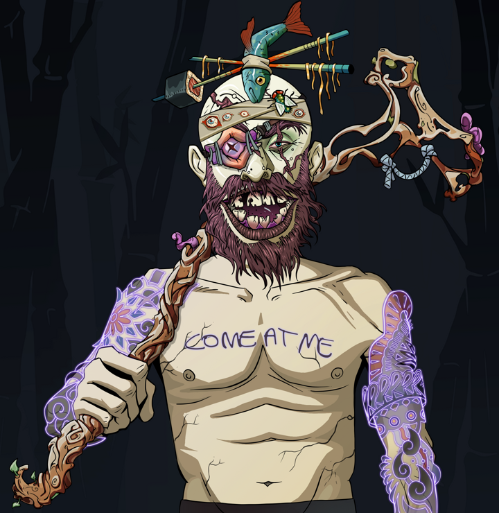Igor The Veteran — Degen Dojo NFT art (Shirtless Runt, Night Forest, Demons, Black Yakuza Sleeves, Igor The Veteran, Hair Bun With Chopsticks, Wooden Walking Cane, Mint)