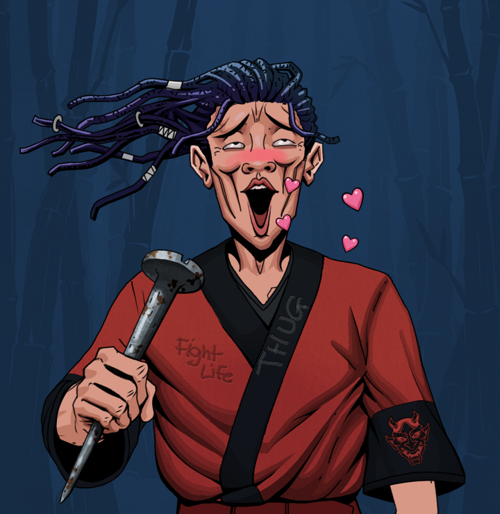 Lovey Haruto — Degen Dojo NFT art (Shirtless Runt, Night Forest, Degens, Red Oni Kimono, Lovey Haruto, Flowing Dreads, Rusty Nail, Mint)