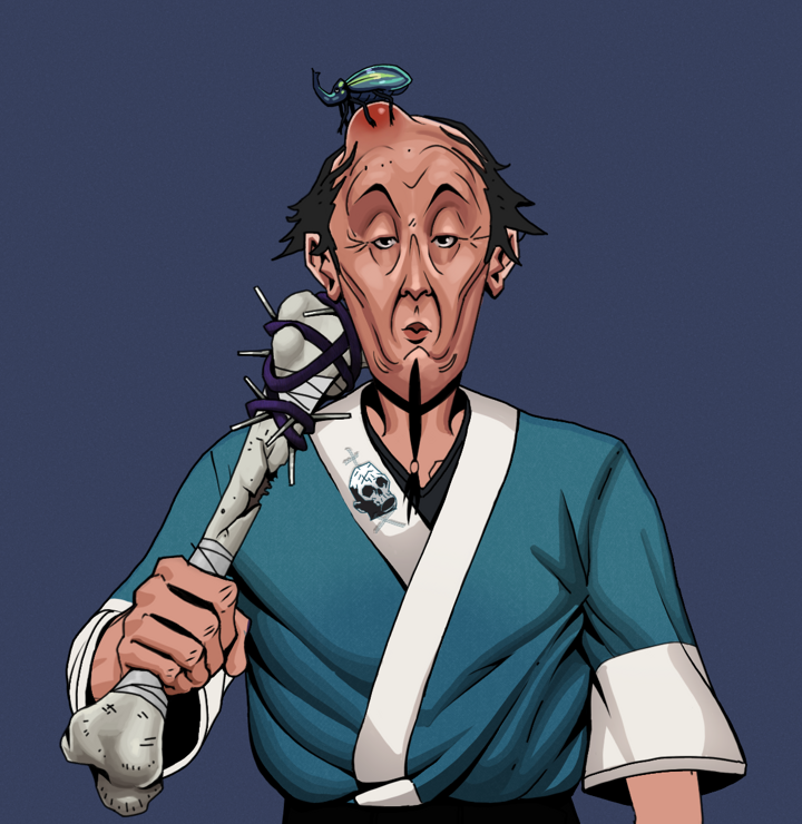 Edmundo — Degen Dojo NFT art (Shirtless Runt, Blue Evening, Degens, Skull Kimono, Edmundo, Kung Fu Beetle, Spiky Femur, Mint)