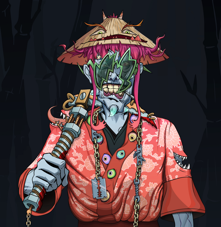 One-Eyed Itsuki — Degen Dojo NFT art (Shirtless Runt, Night Forest, Demons, Silken Sunflower Kimono, One-Eyed Itsuki, Shoji Glasses, Rice Hat, Rusty Kusarigama, Mint)