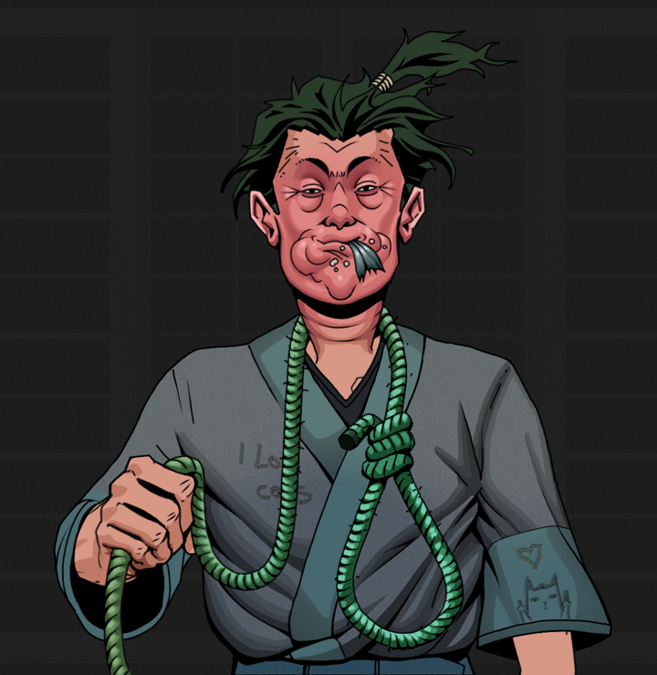 Fatty Bobsticks — Degen Dojo NFT art (Shirtless Runt, Shoji Night, Degens, Cet Kimono, Fatty Bobsticks, Messy Ponytail, Noose, Mint)
