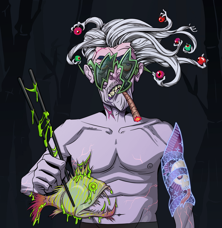 Raikou The Stoner — Degen Dojo NFT art (Shirtless Runt, Night Forest, Demons, Skull Sleeve, Raikou The Stoner, Shoji Glasses, Wise Greatness, Frightened Fugu, Mint)