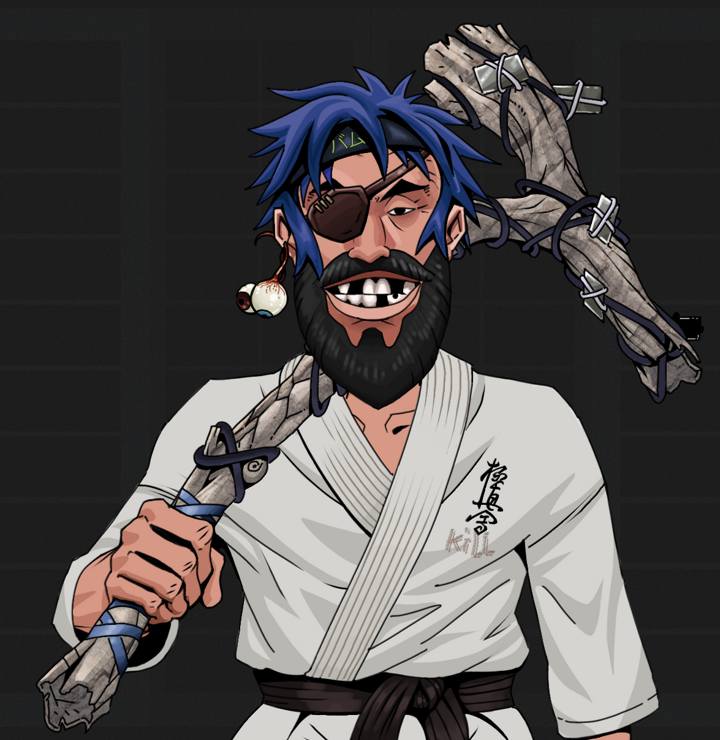 Igor The Veteran — Degen Dojo NFT art (Shaman Eyes, Shoji Night, Degens, Student Gi, Igor The Veteran, Shirtless Runt, Bum Headband Ruffian, Large Branch, Mint)