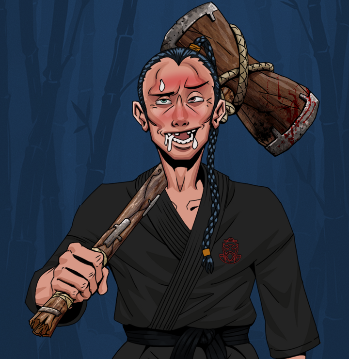 Yuuki — Degen Dojo NFT art (Shirtless Runt, Night Forest, Degens, Master Black Gi, Yuuki, Braided Samurai Ponytail, Wooden Warhammer, Mint)