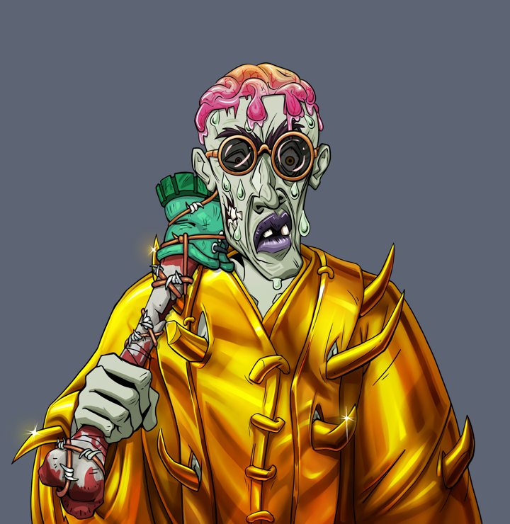 Stresshead Rin — Degen Dojo NFT art (Shirtless Runt, Shoji Night, Demons, Golden Monk Robes, Stresshead Rin, Dark Spectacles, Rock Lee, Spiky Femur, Mint)