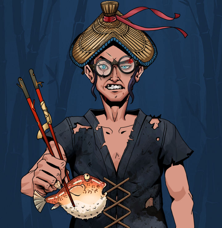 Akuma — Degen Dojo NFT art (Shirtless Runt, Night Forest, Degens, Black Peasant Sack, Akuma, Bloodied Glasses, High Straw Rice Hat, Frightened Fugu, Mint)