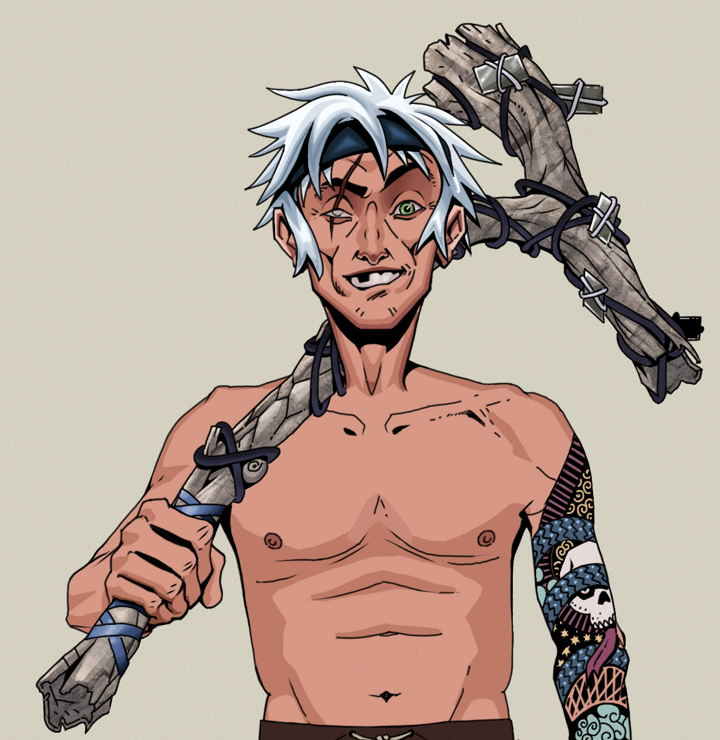 One-Eyed Itsuki — Degen Dojo NFT art (Shirtless Runt, Warm Grey, Degens, Skull Sleeve, One-Eyed Itsuki, White Ruffian, Large Branch, Mint)