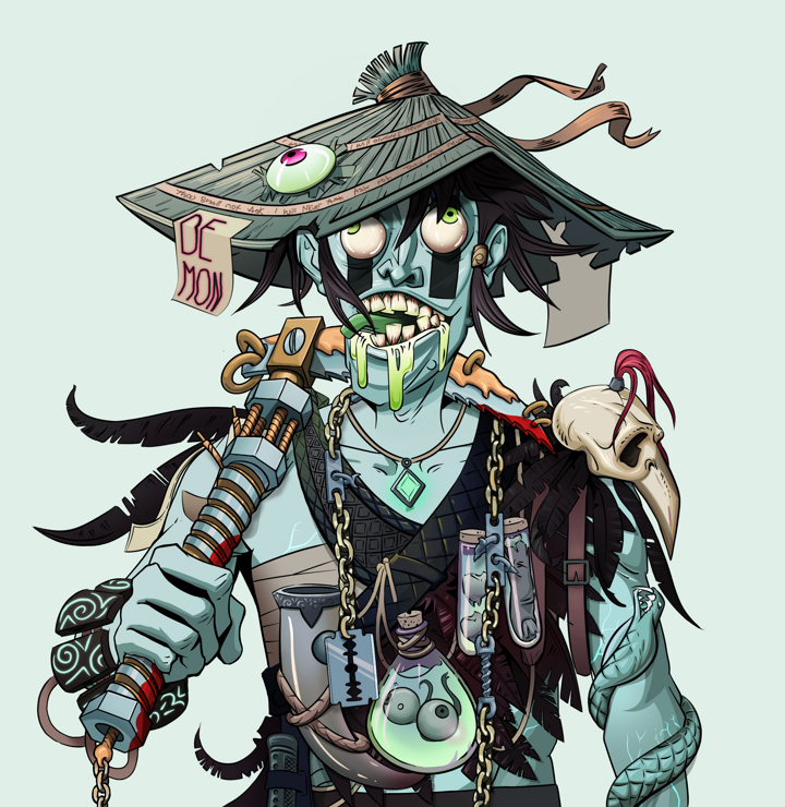 Toxic Azuma — Degen Dojo NFT art (Shirtless Runt, Teal Daytime, Demons, Bird Shaman, Toxic Azuma, High Straw Rice Hat, Rusty Kusarigama, Mint)