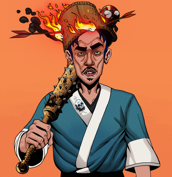Gloomy Masumi — Degen Dojo NFT art (Shark Tooth, Orange Afternoon, Degens, Skull Kimono, Gloomy Masumi, Shirtless Runt, Burning Basket, Yakuza Club, Mint)