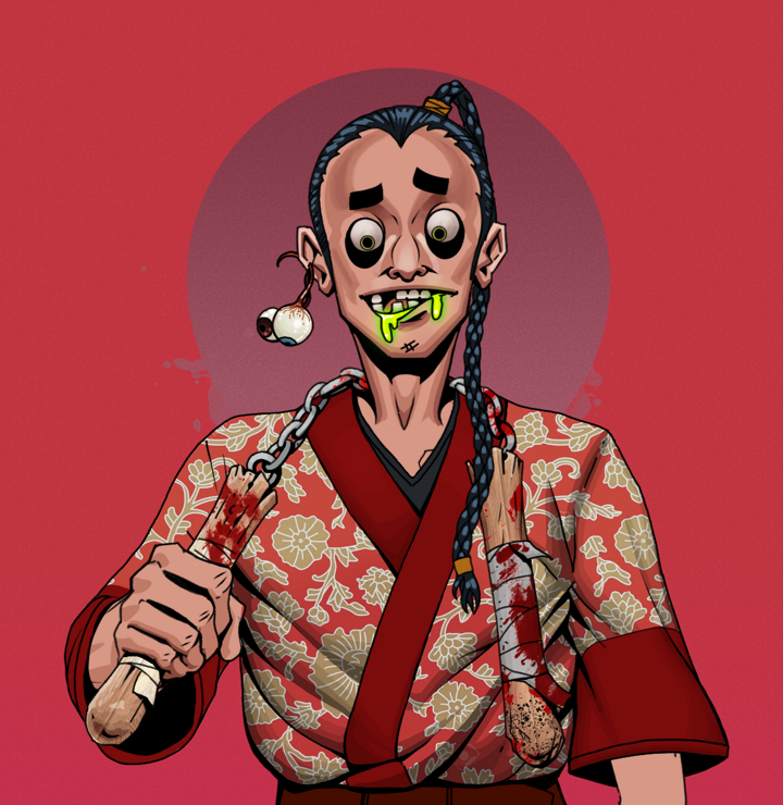 Toxic Azuma — Degen Dojo NFT art (Shaman Eyes, Red High Moon, Degens, Silken Sunflower Kimono, Toxic Azuma, Shirtless Runt, Braided Samurai Ponytail, Bloody Nunchucks, Mint)