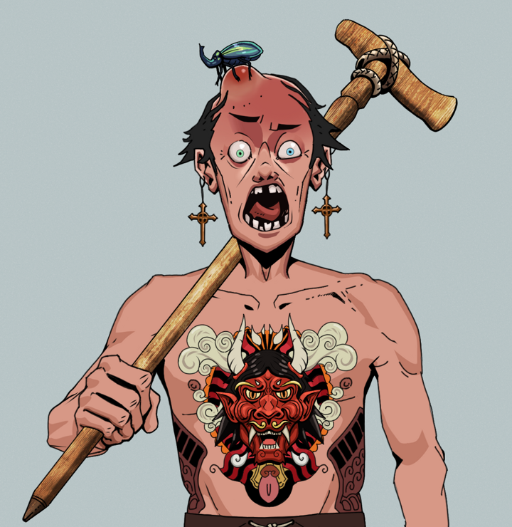 Tokuda — Degen Dojo NFT art (Jesuit Crosses, Light Grey, Degens, Red Oni Tattoo, Tokuda, Shirtless Runt, Kung Fu Beetle, Wooden Walking Cane, Mint)