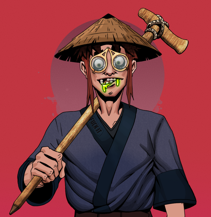 Toxic Azuma — Degen Dojo NFT art (Shirtless Runt, Red High Moon, Degens, Fuck You Kimono, Toxic Azuma, Pocket Glasses, Rice Hat, Wooden Walking Cane, Mint)