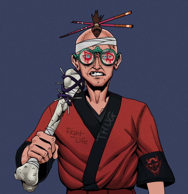 Akuma — Degen Dojo NFT art (Shirtless Runt, Blue Evening, Degens, Red Oni Kimono, Akuma, Dojo Graffiti, Hair Bun With Chopsticks, Spiky Femur, Mint)
