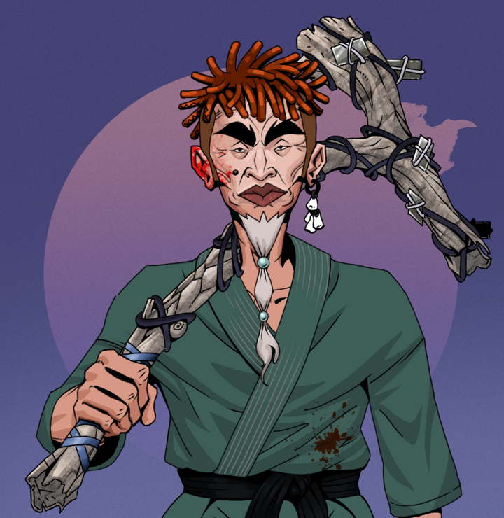 Yuji The Wise — Degen Dojo NFT art (Foes Teeth, Purple Night, Degens, Fight Gi, Yuji The Wise, Shirtless Runt, Orange Bantu Knots, Large Branch, Mint)